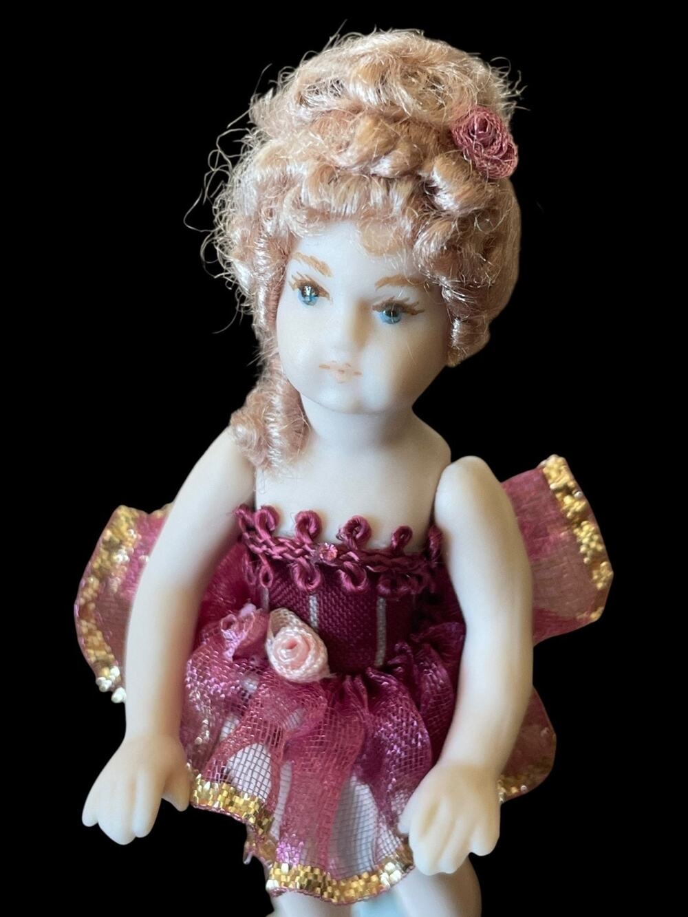 90's LeeWards Mini Ballerina Bisque Porcelain Doll Figurine with Base and Cloche